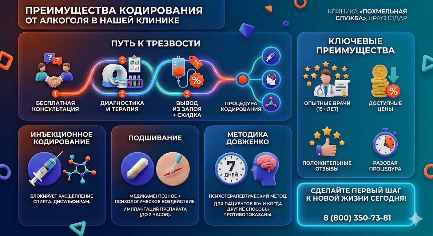 Инфографика о методах кодирования от алкоголя в Ишеевке: инъекции, подшивание, метод Довженко. Преимущества клиники и этапы лечения.
